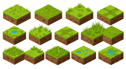 Isometric grass and soil tiles set for game design and landscape creation