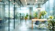 © hao - Abstract office interior background. Blurry office space. Modern workspace design. Glass walls, blurred furniture, plants. Natural light, commercial building, business concept, indoor. High quality