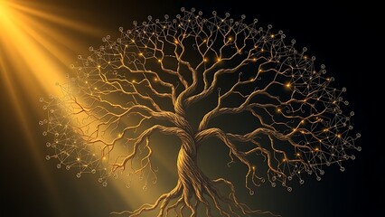 A classic tree of life diagram is unraveled and rewoven into a new, complex network of glowing light.