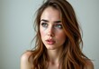 © wpw - a close up of a woman with mood swings beside hormone illustration, symbolic emotional symptoms of low estrogen, realistic portrait photography soft daylight natural tones.