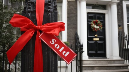 Wall Mural - a beautifully presented home adorned with a vibrant red ribbon and ?�?sold?�� sign suggests a successful real estate transaction during the festive season.
