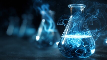 Wall Mural - a glowing blue liquid swirls within a glass flask, emitting ethereal smoke in a darkened laboratory setting.