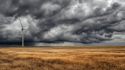 Wall Mural - a lone wind turbine stands silhouetted against an ominous, sweeping storm cloud over a vast golden wheat field.