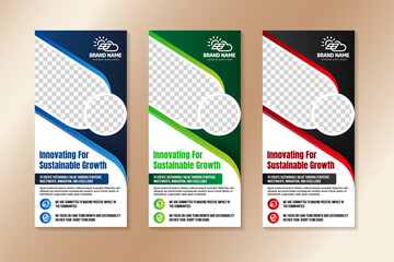 Wall Mural - innovating for sustainable growth roll up banner design template. modern corporate poster stand template design in multiple eye catching color. blue, green and red for business agency with presentatio