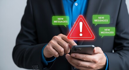 Man in suit holding smartphone with new messages alert and warning sign, concept of urgent communication and notification overload