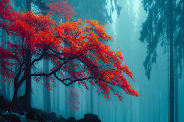 Wall Mural - Tranquil Autumn Forest Scene with Vibrant Red Maple and Misty Background for Nature Art
