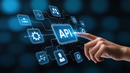 Hand interacting with a glowing digital interface displaying api and various application icons on a dark background
