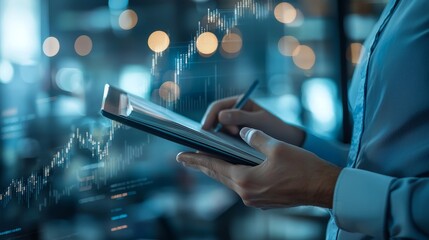 Businessman hand holding book and digital tablet.