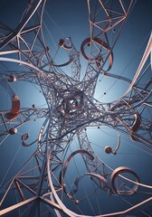 Abstract geometric structure with metal elements on blue gradient
