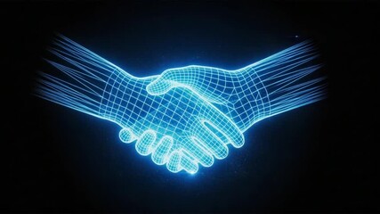 Digital handshake depicting collaboration and innovation, ideal for illustrating business partnerships, technology agreements, and futuristic concepts.