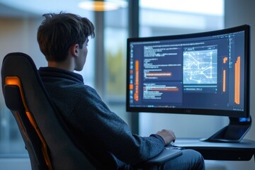 A young programmer works on code, focusing intently on a large curved monitor displaying lines of code and data visualizations.