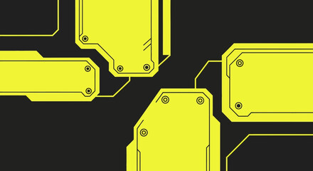 Abstract dark background with bright yellow futuristic geometric panels and interconnecting lines, representing a modern technology interface or data network design