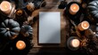 © The Little Hut - Moody Autumn Still Life with Candles and Pumpkins, Blank Card Mockup on Rustic Wood