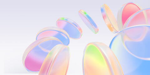 Wall Mural - abstract 3d background with rainbow glass transparent circle discs. pastel blue, pink, green, yellow