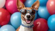 © ProPhotos - A dog is posing for the camera, wearing fashionable sunglasses and surrounded by colorful balloons at a birthday party.