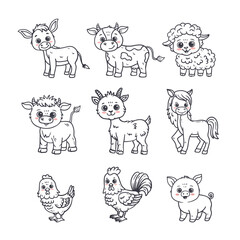 Wall Mural - set of funny cartoon farm animals: donkey, cow, horse, sheep, chicken, rooster, pig, rooster, hen, goat, bull in black. Animal in doodle style. Hand drawn vector  illustration 