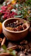 © fotofabrika - Warm spices and vibrant colors create a cozy atmosphere in a rustic wooden bowl with seasonal elements