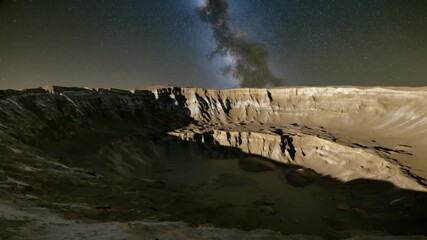 Wall Mural - A large crater is in the middle of a desert. The sky is dark and the stars are visible