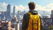 © Sail - A young person gazes out over a sprawling city, a vibrant yellow backpack prominently displayed against the backdrop of urban structures.