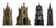 © PixeloAI - Gothic church tower set including intact, ruined, and cracked stone designs isolated. Architectural elements for fantasy or historical themes.