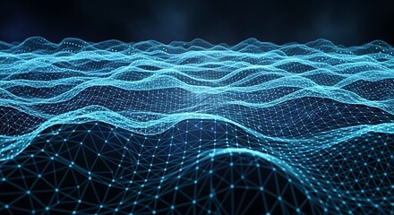 Dynamic glowing blue digital network mesh flowing like waves across a dark abstract background, representing data, connection, and future technology concepts.