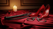 © Cliff - BDSM atmosphere, deviant sexual behavior with riding whip, handcuffs, red high heel shoes on silk fabric, sexy intimate atmosphere