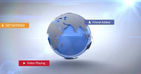 Wall Mural - Rotating 3D globe floating in digital interface, with UI notification panels and lens flare