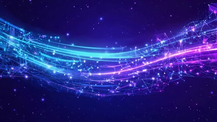 4K abstract loop, cosmic digital network particle lines, glowing communication nodes, futuristic tech wallpaper, volumetric glow, neon colors particle streams, abstract sci-fi digital web looping
