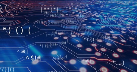 Wall Mural - Displaying neon circuit traces with glowing nodes in virtual space, featuring floating code symbols