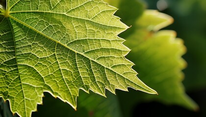 detailed macro photography emphasizes the elaborate patterns and textures of a grapevine leaf revealing its natural grace