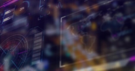 Wall Mural - Displaying holographic panel at center in dark workspace, with 29% gauge and world map nodes