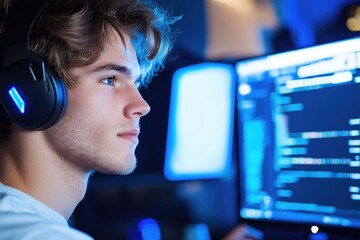Focused programmer working at dual monitors in modern office setting