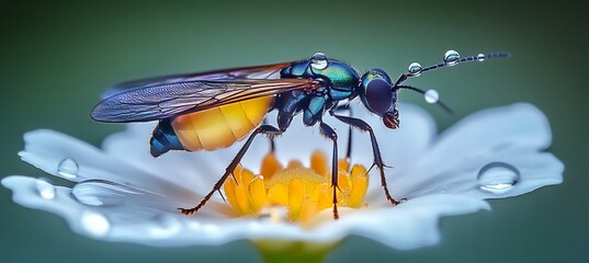 Wall Mural - Extreme Close-Up of a Colorful Insect Pollinating a Flower with Dew Drops and Intricate Details