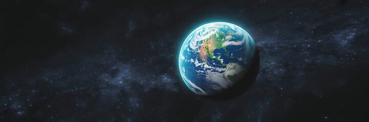 Vibrant earth planet glows in the vastness of deep space with cosmic nebulae and stars.