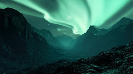 Wall Mural - A beautiful mountain range with a bright green sky and a glowing light in the middle of the sky. The light is so bright that it illuminates the entire mountain range, creating a stunning
