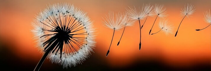  Delicate dandelion seeds gracefully dispersing in warm sunset light for serene botanical landscapes