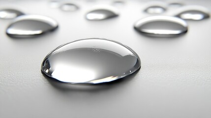 Wall Mural - Elegant Water Droplets on a Smooth White Surface, Capturing Freshness, Cleanliness, and Beauty