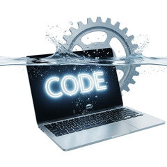 Laptop displaying the word code submerged in water with a gear splashing above isolated on transparent background