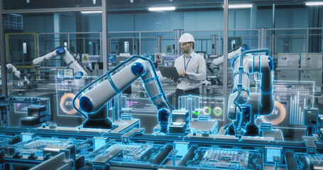 Caucasian Engineer Standing in an Industrial Facility, Using Laptop at an Electronics Factory. Modern Production Conveyor Belt Highlighted with Digital Infiormation, Visualizing Computer Vision