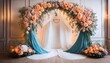 © Vaughn - maternity backdrop wedding backdrop photography background maternity props light hoop weaved teal and coral flowers elegant wall background flowing white satin drape backdrop giant flowers