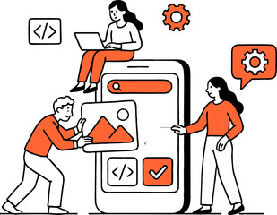 Mobile app development web banner or landing page. Modern technology and smartphone interface design. Application building and programming. Vector flat illustration