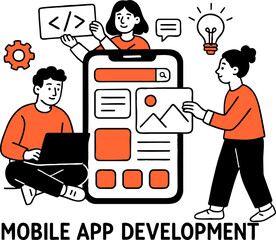Mobile app development web banner or landing page. Modern technology and smartphone interface design. Application building and programming. Vector flat illustration