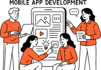 Mobile app development web banner or landing page. Modern technology and smartphone interface design. Application building and programming. Vector flat illustration
