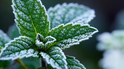 Close-up of frosted mint leaves