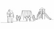 © root.dsgn - Line drawing of a family with two adults watching several children playing on swings and a slide in a playground, depicting a scene of outdoor leisure.