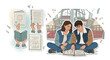 © SAPRI - Illustration of a young couple studying together with study materials and a Ferris wheel backdrop