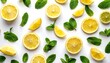 © Daren - A vibrant arrangement of lemon slices and fresh mint leaves creates a cheerful and refreshing pattern on a bright white background.