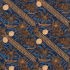 Wall Mural - Detailed batik pattern featuring floral motifs, boats and abstract diagonal elements, patern seamless, royalty stock.