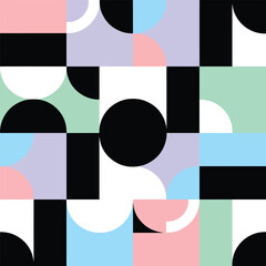 Wall Mural - Geometric abstract pattern with squares, circles, and pastel color blocks, seamless pattern, royalty free stock.