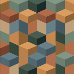 Wall Mural - Geometric cube pattern in retro color palette creates an abstract background, seamless pattern, Stock royalty.
